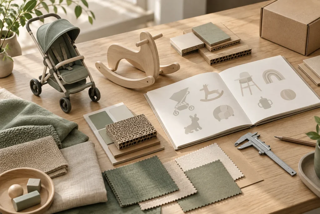Conceptual sample review table with product models, material swatches and packaging samples