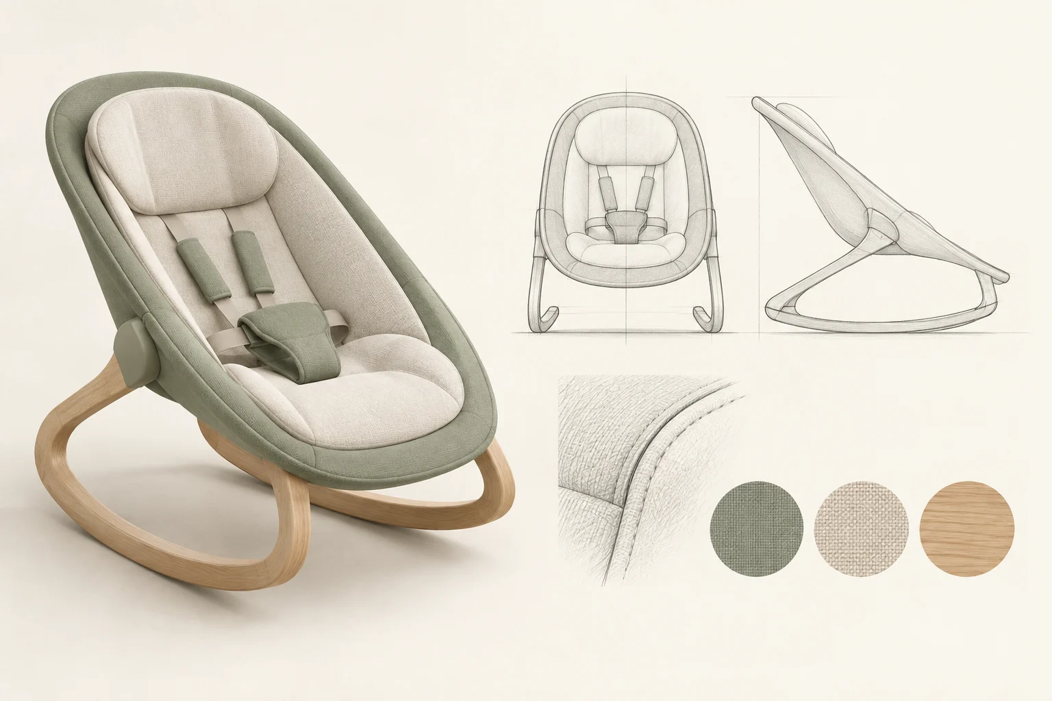 Illustrative rocker concept with render, front and side sketches, and material swatches