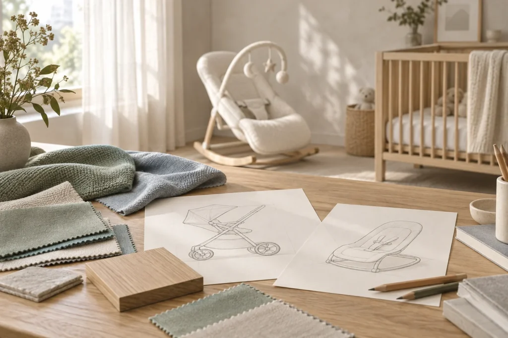Design concept with fabric samples, nursery furniture and product sketches