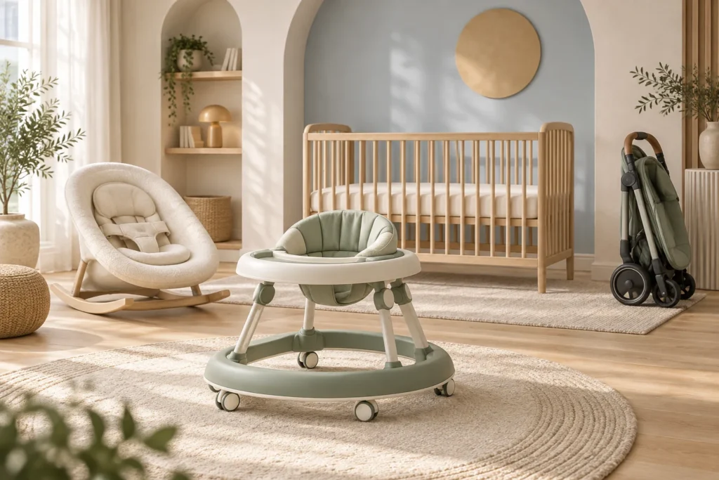 Illustrated nursery concept with a walker, rocker, cot and stroller