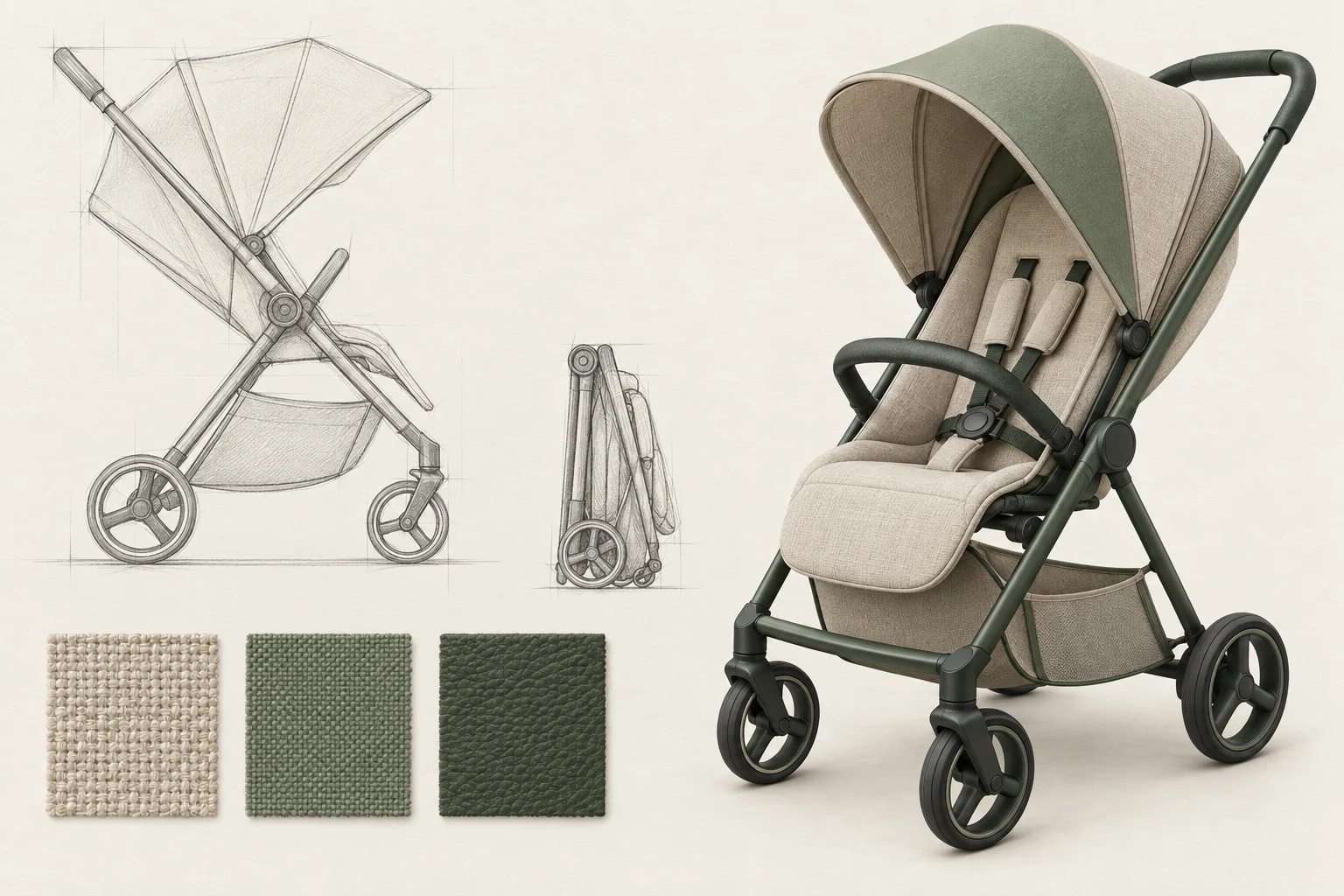 Stroller design concept with perspective render, side and folded sketches, and material swatches